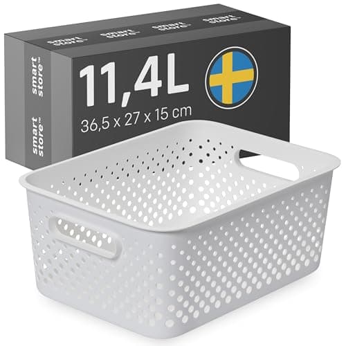 Image of SmartStore Storage Basket with Handles in White 11.4L (36.5x27x15cm) | Plastic Storage Bin from Recycled Plastic | Essence L Storage Box fits A4 paper| Storage with 10-year Warranty