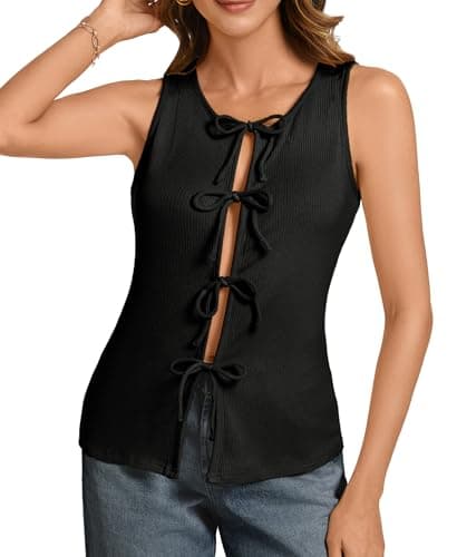 Image of ADORPOP Ribbed Tank Tops for Womens - Y2k Sleeveless Bow Tie Front Shirts Cute Summer Going Out Crop Top Black Medium