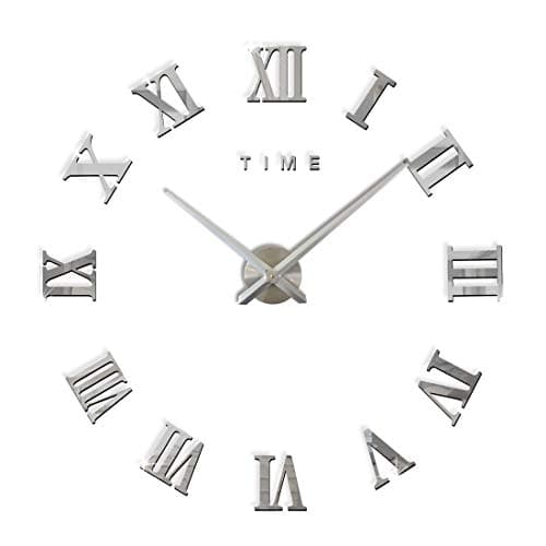Image of FAS1 Modern DIY Large Wall Clock Big Watch Decal 3D Stickers Roman Numerals Wall Clock Home Office Removable Decoration for Living Room - Silver (Battery NOT Included)