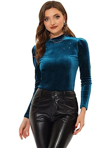 Image of Allegra K Velvet Tops for Women's Christmas Puff Long Sleeve Mock Neck Vintage Shiny Metallic Blouse Medium Peacock Blue