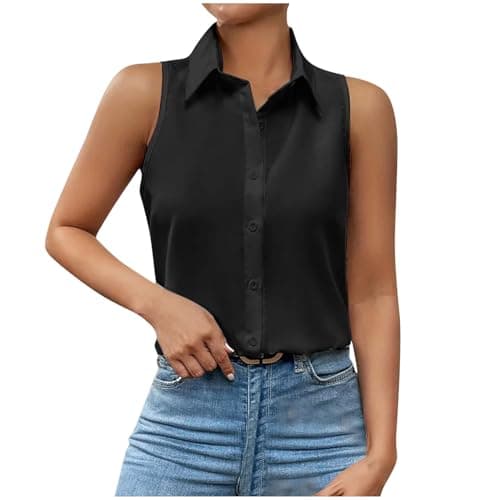 Image of Women's Sleeveless Button Vest Tops Turndown Collar Tank Top Button Down Shirts Summer Tops Graphic T Shirt Ladies Vests Tunic Tops Summer Sleeveless Blouse Regular Fit Casual Vests Top Going Out Tops