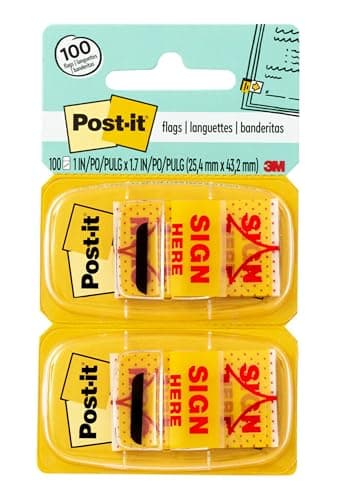 Image of Post-it Message Flags, Sign Here", Yellow, 1 in. Wide, 50/Dispenser, 2 Dispensers/Pack, (680-SH2)