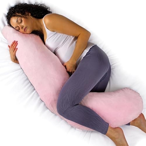 Image of Aamira Pink & Dark Grey Two-tone Pregnancy Pillow, L Shaped 145x25cm Shredded Memory Foam Maternity Pillow, Full Body Support Pregnancy Pillows for Sleeping, Machine Washable & Removable Velvet Cover