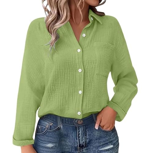 Image of Women’s Cotton Linen Shirt Gauze Button Down Shirts Long Sleeve Crinkle Textured Blouse with Pocket, Lightweight Relaxed Fit Casual Top for Summer & Layering (Light Green, L)