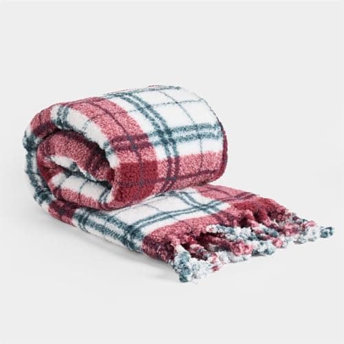 Image of OHS Christmas Blanket Throws for Sofa, Xmas Decorations Ultra Soft Warm Tartan Check Tassel Sherpa Fleece Blanket for Bed Settee Christmas Throw Single Bed Throws, Red/Green - 120 x 150cm