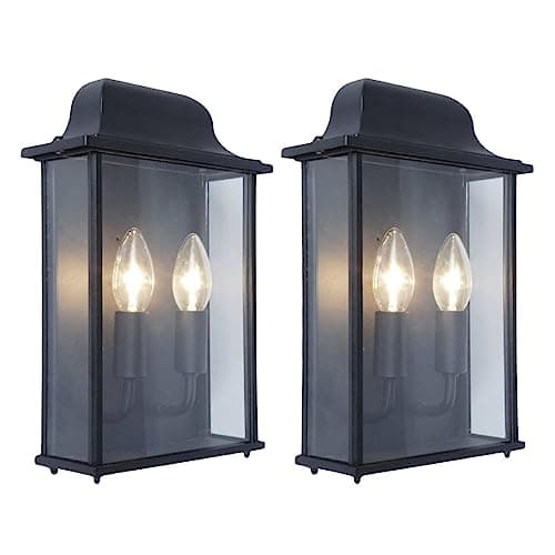 Image of Britalia 2 Pack - Black & Clear Glass Panel Outdoor Vintage Flush 2 Lamp Coach Lantern Wall Light | IP44 Rated | 34cm Height | 2 x SES E14 Lamps Required | Garden - Patio - Driveway | Aluminium