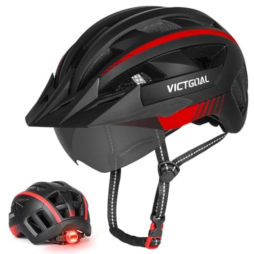 Image of Victgoal Bike Helmet for Men Women with Led Light Detachable Magnetic Goggles Visor Mountain & Road Bicycle Helmets Adjustable Size Adult Cycling Helmets (M: 21.3-22.8 inch (54-58 cm), Black Red)