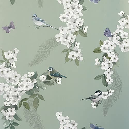 Image of World of Wallpaper Mitzu Oriental Bird and Blossom Themed Floral Wallpaper Perfect for Living Rooms Bedrooms Hallways or Feature Walls in a Soft Sage Green Colour 900105