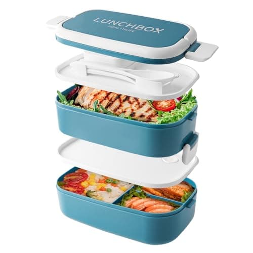 Image of Beeptrum Bento Lunch Box Stackable,1400ml Containers with 4 Compartments and Cutlery, Leakproof 2 Layer Boxes, for Adults Kids Office, Microwave Dishwasher Safe (Blue)