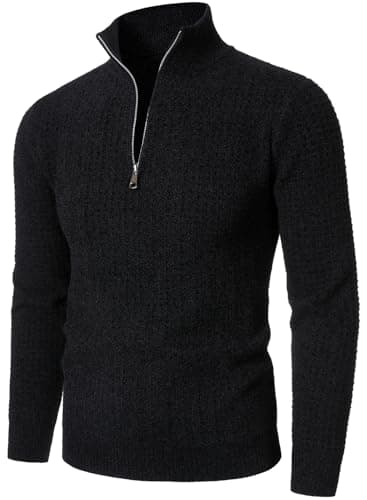 Image of HOOD CREW Men's Quarter Zip Knitted Jumper Lightweight Stand Collar Pullover Sweater Regular Fit Warm Top Black