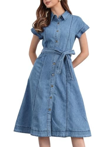 Image of Allegra K Denim Dress for Women's Casual Button Down Short Sleeves Belted Midi Dress Light Blue M