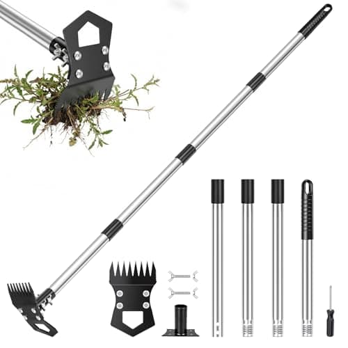 Image of Dreamtop Long Handled Weed Puller - 2-in-1 Heavy Duty Weeding Tool with Hoe & Rake for Garden/Patio - Stand Up Weeder for Lawn Care & Dandelion Root Removal