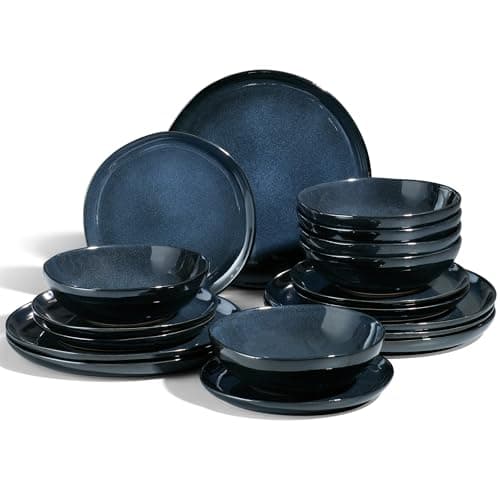 Image of Joyfair Dinner Set, 18 Pieces Stoneware Dinnerware Set Service for 6, Reactive Glaze Irregular Shape Plates and Bowls, Chip & Scratch Resistant, Microwave & Dishwasher Safe, Nebulas Blue