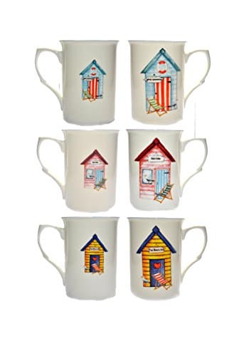 Image of Kirsty Jayne China- 10Fl oz Bone China Seaside Beach Huts Beakers, Mugs, Cups- Packed in a Kirsty Jayne China Gift Boxed (Set of 6 Gift Boxed Mugs)
