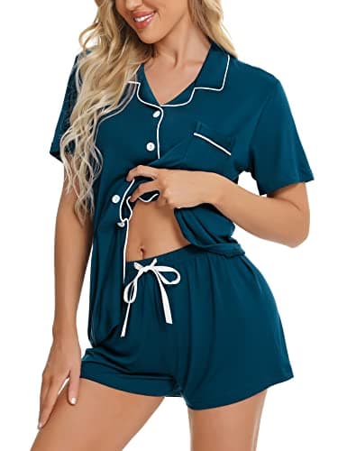 Image of SWOMOG Womens Button Down Pyjamas Set Short Sleeve Sleepwear Bride Soft Pj Lounge Sets Deep Blue