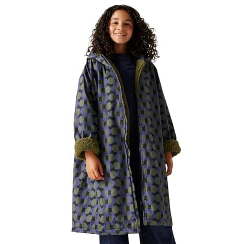 Image of Regatta x Orla Kiely Girls Changing Robe, Frilly Flower Blue/Dark Olive, 9-13 Years