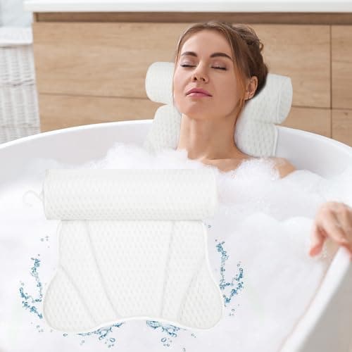 Image of Alaoo Bath Pillow, 4D Luxury Bath Bathtub Pillow & Bath Ball Set, Ergonomic Mesh SPA Tub Pillow, with Non-Slip Suction Cups Ergonomic Home Spa Headrest for Relax Body Head, Neck (Long Round, White)