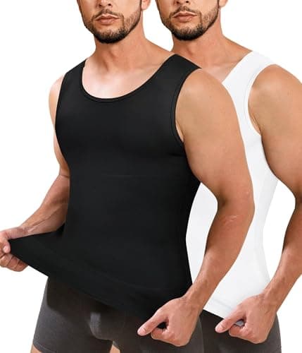 Image of Junlan Men Compression Shirt Vest 2 Pack Slimming Body Shaper Tummy Control Shapewear Tank Tops Seamless Undershirts (Black/White,M)