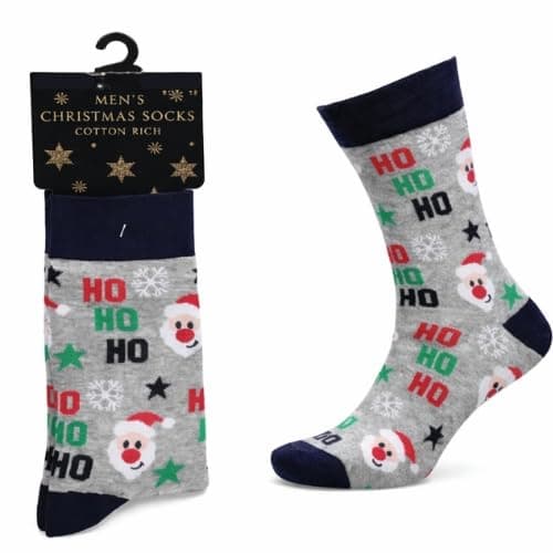 Image of 2 Pairs Christmas Socks Men, Winter Printed Cotton Warm Mens Socks, Christmas Assorted Designs Holiday Gifts for Him UK 6 to 11 (Santa HO-HO)