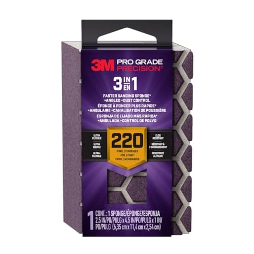 Image of 3M Pro Grade Precision 3-in-1 Sanding Sponge, 220 Grit Fine, 1 Sponge, Washable & Reusable, for Wood, Metal, Drywall, and Paint Prep – Flexible Foam, Contoured, Angled, and Flat Surfaces