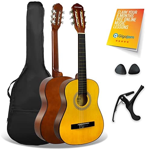 Image of 3rd Avenue XF 1/2 Size Junior Kids Classical Spanish Starter Beginner Pack Acoustic Guitar with Nylon Strings, Gig Bag, Capo and Picks – Natural