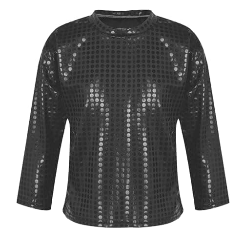 Image of Kids T-Shirt Toddler Girls Boys Casual Sequin Glitter Costume Party Carnival Gown Long Sleeves Top (Black, 10-12 Years)