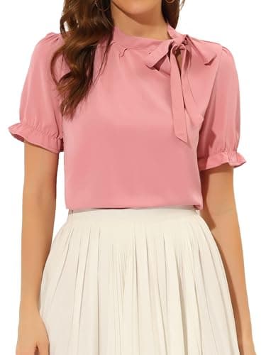 Image of Allegra K Women's Bow Tie Neck Tops Elegant Office Short Sleeve Blouse Coral Pink M
