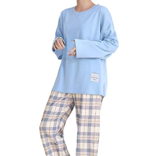 Image of Eauptffy Women's Long Cuddly Pyjama Set 2-Piece Autumn Sleepwear Casual Women's Pyjamas Soft Leisure Suit Two Piece Loungewear Long Sleeve Shirt and Checked Trousers Sleepwear, Light blue, L