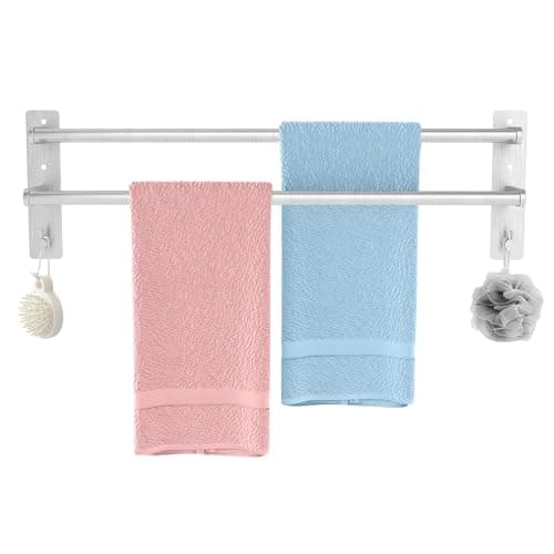 Image of Double Towel Rail Wall Mounted, BETHOM 24″/60cm Self Adhesive Towel Rail Brushed Nickel, Aluminum Stick On Towel Holder, Waterproof & Rustproof Towel Rack for Bathroom Hotel, Adhesive or Drilling