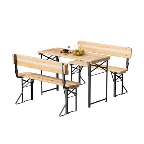 Image of Bonnlo 3 Piece Folding Picnic Table Set, 4FT Wooden Trestle Beer Table with Foldable Backrest Benches for Outdoor Garden Camping, Fir Wood Dining Set with Steel Legs for Patio BBQ Party, Natural Wood