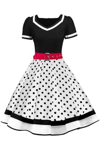 Image of AXOE Women's 50s Style Vintage Rockabilly Dress A-Line Cotton Belted Wedding Guest & Prom Dress Party Wear White with Black Polka Dots, UK Size 10, S