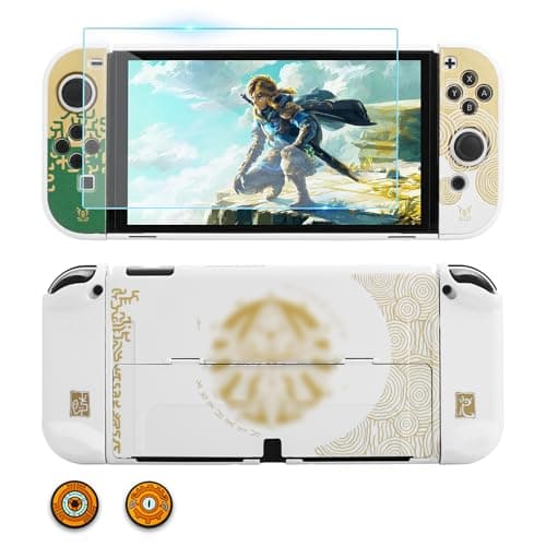 Image of GLDRAM Dockable Protective Case Compatible with Nintendo Switch OLED Model, Accessories Kit with Skin Cover, Screen Protector and 2 Thumb Grip Caps for Zelda Switch OLED Console & Joy Con Controller