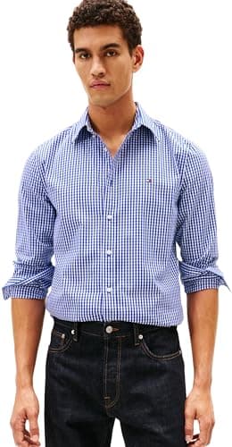 Image of Tommy Hilfiger Men Flex POPLIN Big Gingham RF Shirt MW0MW41713 L/S Shirt, Blue, M