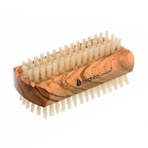 Image of Hydréa London Olive Wood Dual Sided Nail Brush. Large 10cm. Natural Bristle to effectively clean hands and nails.