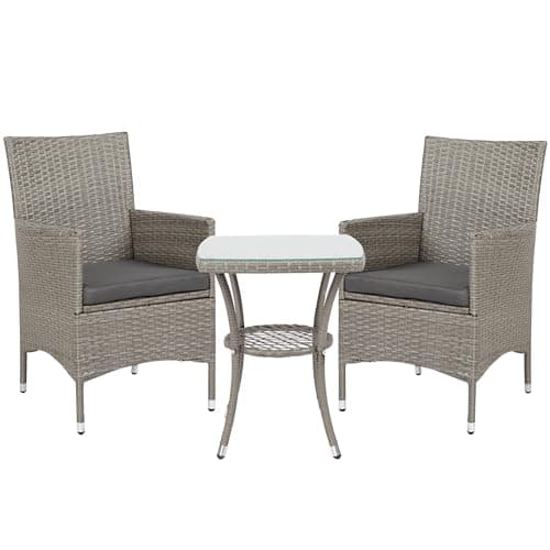 Image of Outsunny 3 Pieces Rattan Bistro Set, Wicker Garden Furniture Set with 2-Tier Coffee Table and Chairs, Washable Cushions, for Outdoor Patio Balcony, Grey