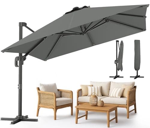 Image of VOUNOT® 3x3m Cantilever Parasol with 360° Rotation & Tilt, Square Garden Umbrella with Crank, UV & Water-Resistant Canopy, Cover Included, Grey