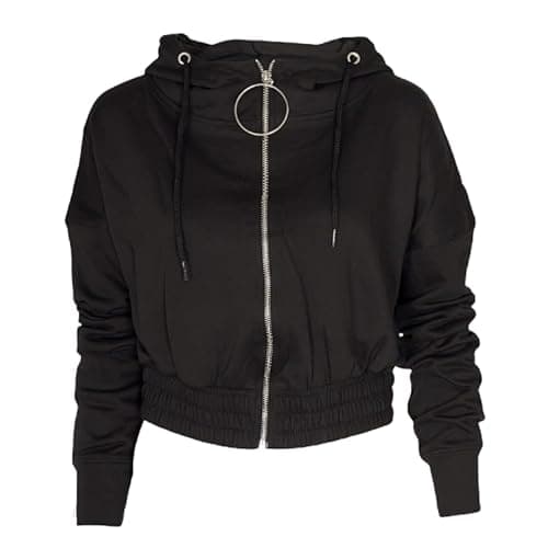 Image of NOROZE Women's Zip-Crop Hoodie Ladies Plain Sweatshirt Cropped Top Pullover Sweater (M, Black)