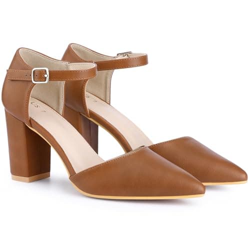 Image of Perphy Pointed Toe Ankle Strap Dress Court Shoes Chunky Heel Pumps for Women Brown 6.5 UK/Label Size 8.5 US