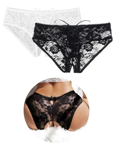 Image of ohyeahlady Thongs for Women Multipack Black and White lus Size Lace Underwear Soft Stretchy French Knickers Brazilian Sexy Panties Lace Up Underpants Tanga Briefs Pack of 2 Size 12 14