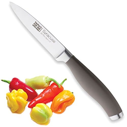 Image of Taylors Eye Witness Syracuse Vegetable Paring Kitchen Knife - Professional 8cm/3.5” Cutting Edge, Multi Use. Ultra Fine Blade, Precision Ground Razor Sharp. Soft Textured Grey Handle, Excellent Grip.