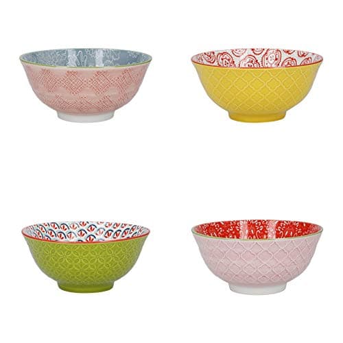 Image of KitchenCraft Patterned Cereal Bowl Set of 4 in Gift Box, Ceramic Serving Bowls Ideal for Ice Cream, Soup and More, 'Brights' Designs, 15cm