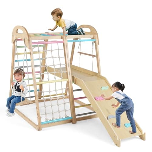 Image of COSTWAY Indoor Climbing Frame for Toddlers, 8 in 1 Wooden Jungle Gym with Double-sided Ramp, Monkey Bar, Swing, Rope Ladder, Climbing Ladder & Net (Multicolor)