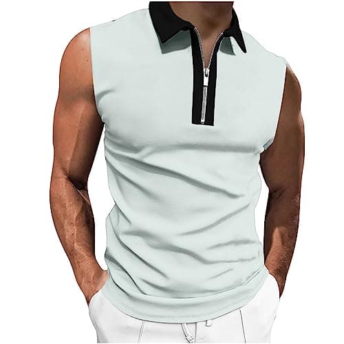 Image of Half Zip Polos Shirts for Men UK Clearance Sleeveless Polos Shirt Contrast Color Vests Patchwork Casual Tank Top Turn-Down Collar Slim Fit Gym Running Vests T Shirts