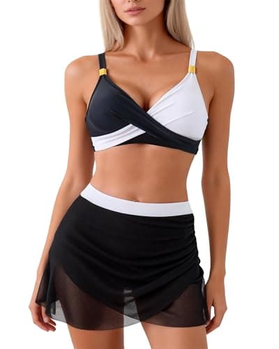 Image of EOAMGO Women's Bikini Set, Two Piece Bikini Swimsuit Set with Twist Front V Neck Design, Adjustable Straps and Padded Support (UK, Alpha, M, Regular, Regular, Black and White)