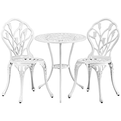 Image of Yaheetech 3 Piece Patio Bistro Set, Garden Round Aluminum Table with 2 Chairs, Outdoor Antique Rose Vine Dining Furniture for Backyard, Porch, Balcony, Lawn, White