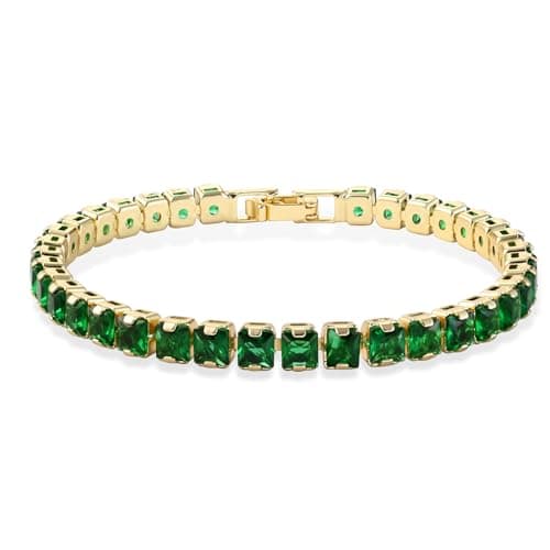 Image of Aliyoham Emerald Tennis Bracelet for Women | 18K Gold Plated Green Gemstone Bracelet with Secure Clasp, Elegant Everyday Jewellery Gift
