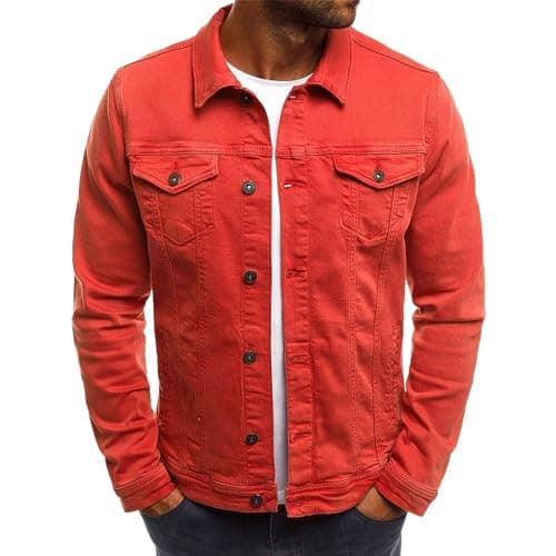 Image of amropi Mens Denim Jacket Button Down Casual Outerwear Jean Jackets Red, M