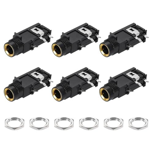 Image of sourcing map 6pcs 1/4" 6.35mm Stereo Audio Jack, 50V 3 Pin Female Gold Plated PCB Mount Jack Video Connectors Stereo Headphone Socket with Nuts for Headphone, Speaker, Car Audio, 33x17x13mm