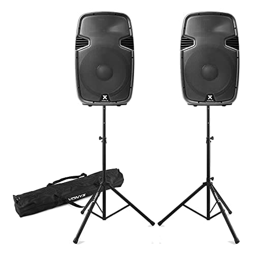 Image of VONYX SPJ-15 Active Bluetooth DJ Speaker System (Pair) with Tripod Stands & Carry Bag - 1600W Powered PA Speakers Set, USB/SD MP3, Wireless Audio for Parties & Events