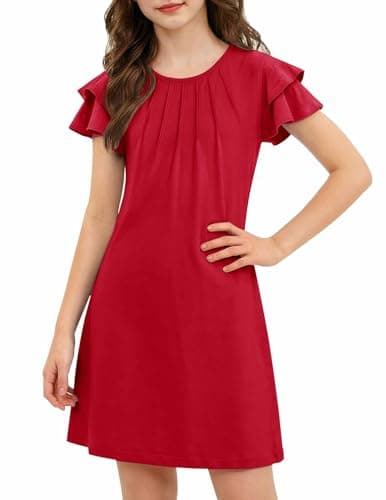 Image of Arshiner Girls Dress Pleated Wavy Short Sleeve Sommer Dress Kids Plain Light Weight Festival Party Birthday Dresses a line Jersey Shirt Dresses for Girls 130 8-9 Years Red
